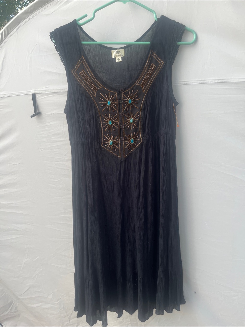 Sleeveless Black Midi Dress with Turquoise Embellished Yoke